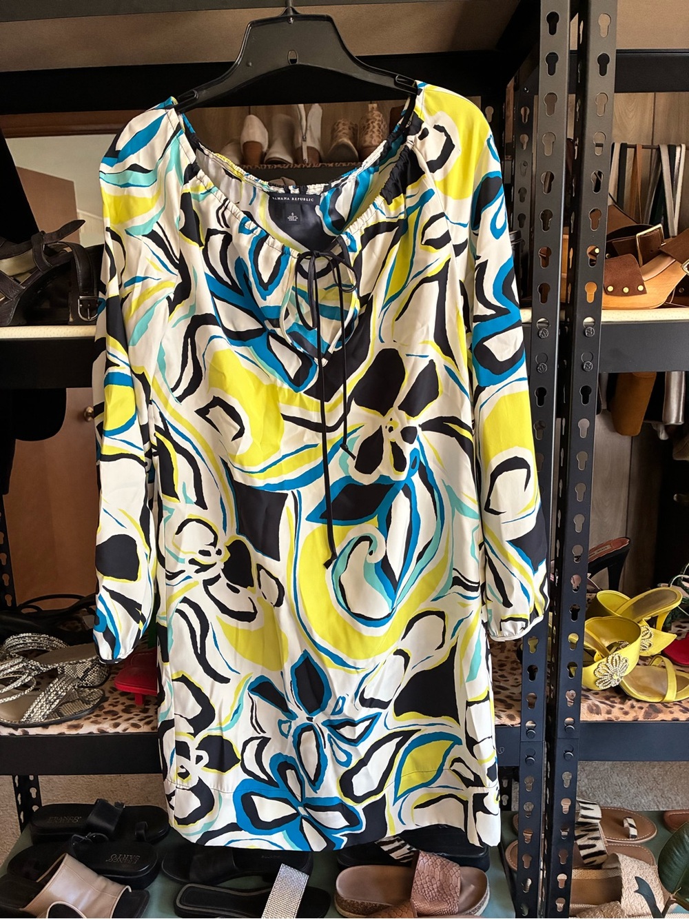 Banana Republic Abstract Floral Long-Sleeve Shift Dress in White, Yellow & Blue